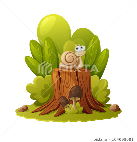 A cartoon snail sits on a stump surrounded by bushes and plants in a green forest clearing with mushrooms and stones. Children fairy tale vector illustration. Summer nature, environment. 104098081