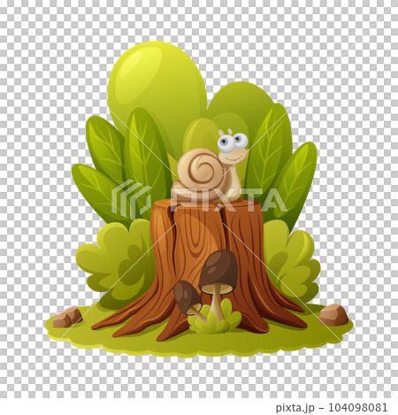 A cartoon snail sits on a stump surrounded by bushes and plants in a green forest clearing with mushrooms and stones. Children fairy tale vector illustration. Summer nature, environment. 104098081