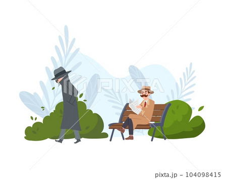 Vector illustration of man detective is on mission, sits on bench and reads newspaper in the park, Suspicious man walks by 104098415
