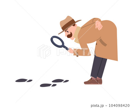 Curious detective looking at footprints through magnifier, flat vector illustration isolated on white background. Curious detective looking at footprints through magnifier, flat vector illustration isolated on white background. 104098420