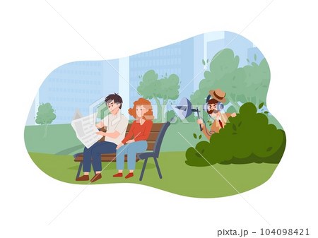 Detective hiding in bushes and listening to people's talk, flat vector illustration isolated on white background. 104098421