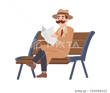Vector isolated illustration of man with mustache in coat sits on bench and reads newspaper, the detective is on mission under cover Vector isolated illustration of man with mustache in coat sits on bench and reads newspaper, the detective is on mission under cover 104098422