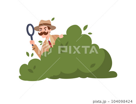 Curious detective hiding in bushes and looking through magnifier, flat vector illustration isolated on white background. 104098424