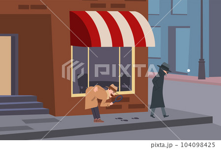 Detective or spy tracking footprints of mysterious person with magnifier, cartoon flat vector illustration. 104098425