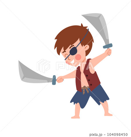 Kid playing pirate wearing black eye patch flat vector illustration isolated. Kid playing pirate wearing black eye patch flat vector illustration isolated. 104098450