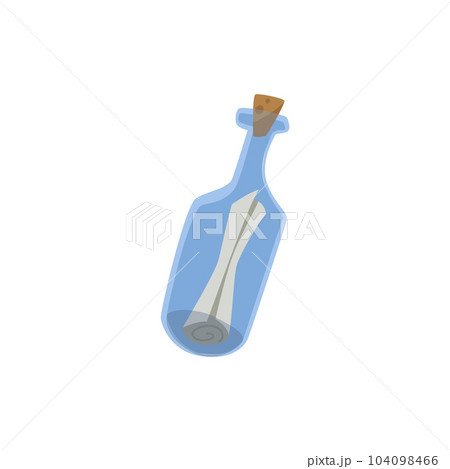 Vector illustration of glass bottle with paper roll inside on white background, Message in the bottle, Pirates symbol Vector illustration of glass bottle with paper roll inside on white background, Message in the bottle, Pirates symbol 104098466
