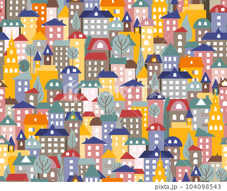 Abstract seamless pattern with houses. Background for fabric, textile, wallpaper, kindergarten. Vector illustration. 104098543