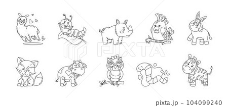 Animals Cute Funny Set of Drawings Vector black and white illustration Isolated on a white background Animals Cute Funny Set of Drawings Vector black and white illustration Isolated on a white background 104099240