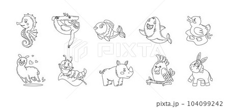 Animals Cute Funny Set of Drawings Vector black and white illustration Isolated on a white background Animals Cute Funny Set of Drawings Vector black and white illustration Isolated on a white background 104099242