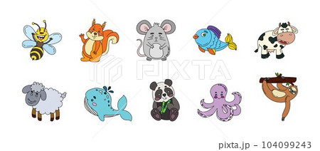 Animals Cute Doodle Set Vector Color Illustration Isolated on White Background Animals Cute Doodle Set Vector Color Illustration Isolated on White Background 104099243