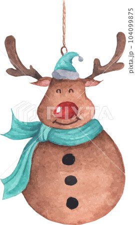 Cute reindeer in Santa hat. Vintage Christmas decoration. Watercolor Christmas card for invitations, greetings, holidays and decor. Cute reindeer in Santa hat. Vintage Christmas decoration. Watercolor Christmas card for invitations, greetings, holidays and decor. 104099875