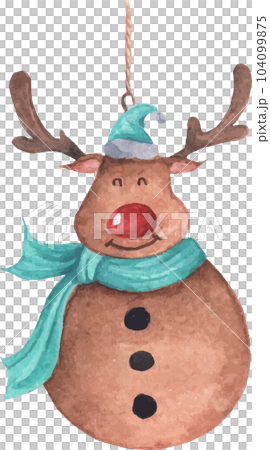 Cute reindeer in Santa hat. Vintage Christmas decoration. Watercolor Christmas card for invitations, greetings, holidays and decor. Cute reindeer in Santa hat. Vintage Christmas decoration. Watercolor Christmas card for invitations, greetings, holidays and decor. 104099875