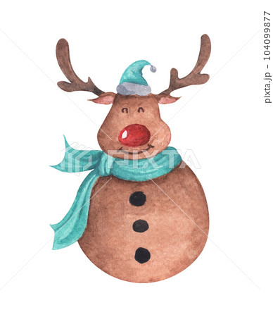Cute reindeer in Santa hat. Vintage Christmas decoration. Watercolor Christmas card for invitations, greetings, holidays and decor. 104099877