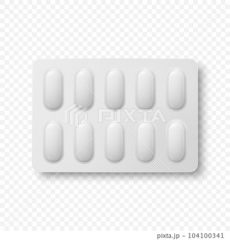 Vector Realistic Oval Pharmaceutical Medical Pills, Vitamins, Capsule in Blister Closeup Isolated. Pills in Blister Packaging Design Template. Front, Top View. Medicine, Health Concept 104100341