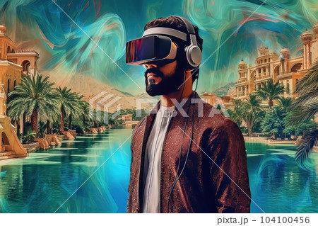 Face of modern man with beard wearing virtual reality glasses in the neon city AI 104100456