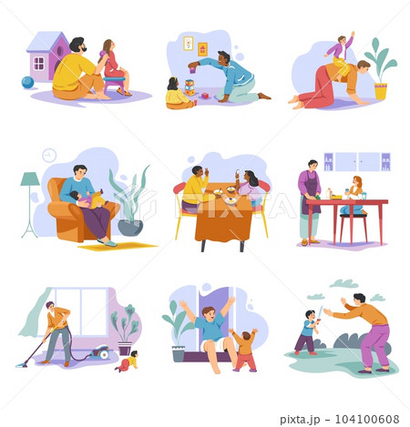 Single father. Dad housekeeper, daddy playing or sleeping with male toddler, combing daughter hairs fathers home childcare baby chores happy childhood recent vector illustration Single father. Dad housekeeper, daddy playing or sleeping with male toddler, combing daughter hairs fathers home childcare baby chores happy childhood recent vector illustration 104100608