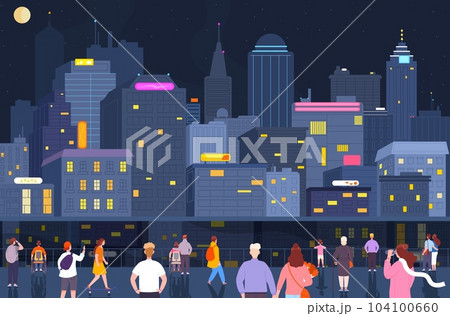 Crowd night city. People watching evening cityscape on crowded town embankment, woman man children and friends view midnight skyscrapers background, splendid vector illustration 104100660
