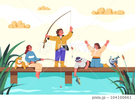 Children fishermen. Child fishing, happy kids catch fish on lake or river pier, cartoon angler boy son funny fisher girl rod bucket in summer pond nature recent vector illustration 104100661