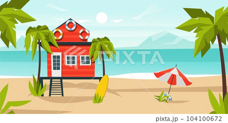 Beach bungalow house background. Cartoon tropical landscape with sand and water, tropical coast with palm trees, idyllic paradise hotel. Vector illustration 104100672
