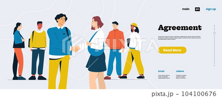Character agreement landing page. Professional handshaking male and female workers. Cartoon hand shake for employee partnership concept. Vector illustration Character agreement landing page. Professional handshaking male and female workers. Cartoon hand shake for employee partnership concept. Vector illustration 104100676