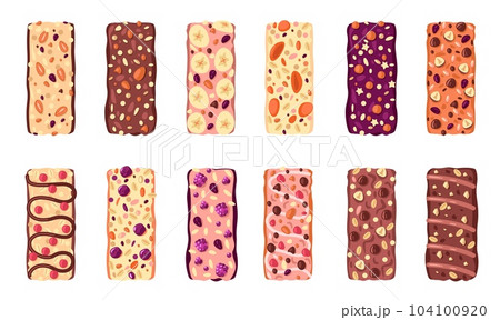 Healthy granola bars. Raw organic vegan muesli bars with dried fruits and nuts, healthy appetizers for the road. Vector snack food isolated set Healthy granola bars. Raw organic vegan muesli bars with dried fruits and nuts, healthy appetizers for the road. Vector snack food isolated set 104100920