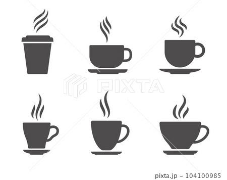 Cup with steam icon. Coffee cup with steam, black silhouette mug with espresso, hot vapouring drink. Vector flat set Cup with steam icon. Coffee cup with steam, black silhouette mug with espresso, hot vapouring drink. Vector flat set 104100985