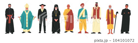 Religion characters. Different religious church leaders, buddhist monk christian priest rabbi judaist muslim mullah, faith diversity concept. Cartoon vector set 104101072