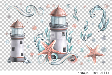 A marine lighthouse with algae, a starfish, shells and a wave of water. Watercolor illustration. A set objects of a large set of WHALES. For decoration and design of the beach, summer, travel A marine lighthouse with algae, a starfish, shells and a wave of water. Watercolor illustration. A set objects of a large set of WHALES. For decoration and design of the beach, summer, travel 104101113