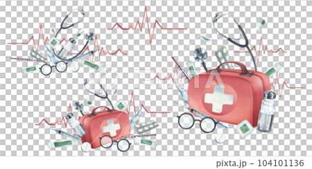 Red medical case, first aid kit with stethoscope, injections, plaster, pills and glasses. Watercolor illustration, hand drawn. A set compositions isolated on white background. 104101136