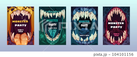 Creepy mouth posters. Cute scary monster lips teeth, colorful comic alien characters emotion for Halloween party invitation cove flyer. Vector set Creepy mouth posters. Cute scary monster lips teeth, colorful comic alien characters emotion for Halloween party invitation cove flyer. Vector set 104101156