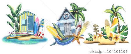 The beach blue cabin is wooden, striped with surfboards, trees and palm leaves, a wave and a starfish. Hand-drawn watercolor illustration. A set isolated compositions on a white background 104101195