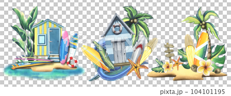 The beach blue cabin is wooden, striped with surfboards, trees and palm leaves, a wave and a starfish. Hand-drawn watercolor illustration. A set isolated compositions on a white background 104101195