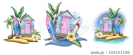 The beach cabin is striped, wooden pink and blue. With surfboards, tropical leaves, flowers and sea waves. Watercolor illustration, hand drawn. A set isolated compositions on a white background 104101196