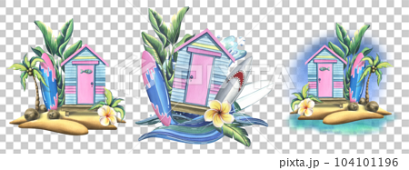 The beach cabin is striped, wooden pink and blue. With surfboards, tropical leaves, flowers and sea waves. Watercolor illustration, hand drawn. A set isolated compositions on a white background 104101196
