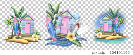 The beach cabin is striped, wooden pink and blue. With surfboards, tropical leaves, flowers and sea waves. Watercolor illustration, hand drawn. A set isolated compositions on a white background 104101196