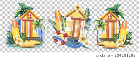 The beach yellow cabin is wooden, striped with surfboards, flowers and palm leaves, a wave and a lifebuoy. Hand-drawn watercolor illustration. A set isolated compositions on a white background. 104101198