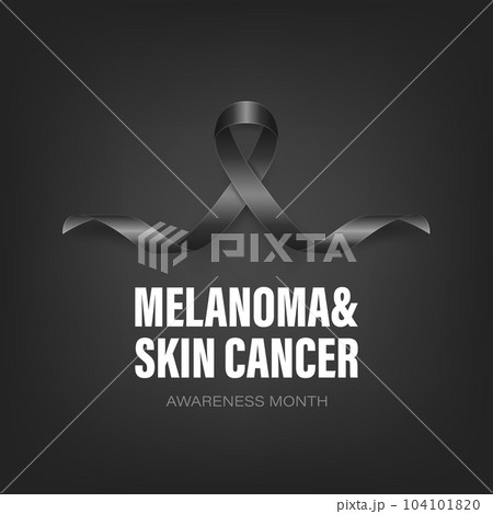 Melanoma, Skin Cancer Banner, Card, Placard with Vector 3d Realistic Black Ribbon on Black Background. Melanoma, Skin Cancer Awareness Month Symbol Closeup, May. World Melanoma Day Concept 104101820