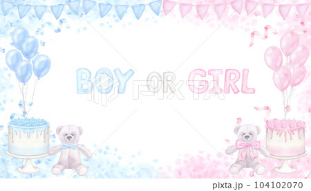 Pink blue banner gender reveal party invitation boy or girl. Balloons box, cake, cupcake, confetti. Hand drawn watercolor illustration isolated on white background. For baby shower, children's holiday Pink blue banner gender reveal party invitation boy or girl. Balloons box, cake, cupcake, confetti. Hand drawn watercolor illustration isolated on white background. For baby shower, children's holiday 104102070