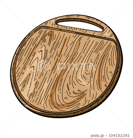 Hand drawn round cutting wooden board with handle. Kitchen utensils sketch. Engraving style. 104102292