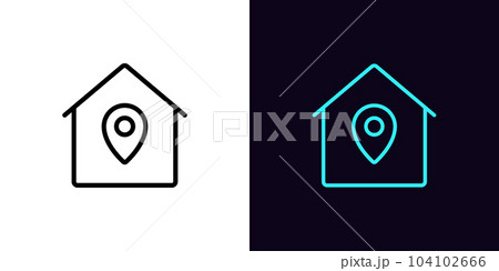 Outline home marker icon, with editable stroke. House with map pin sign, booking apartment service. Home location pointer, real estate and apartment rent, house address position 104102666