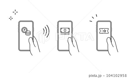 手に持ったスマートフォンにお金、チケットのアイコンのセット 手に持ったスマートフォンにお金、チケットのアイコンのセット 104102958