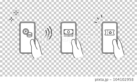 手に持ったスマートフォンにお金、チケットのアイコンのセット 手に持ったスマートフォンにお金、チケットのアイコンのセット 104102958