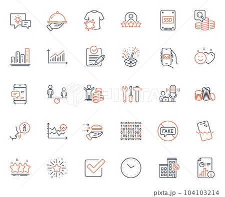 Business icons set. Included icon as Human rating, Stars and Report web elements. Seo analysis, Inspect, Idea lamp icons. Banking money, Spanner tool, Dirty t-shirt web signs. Vector 104103214