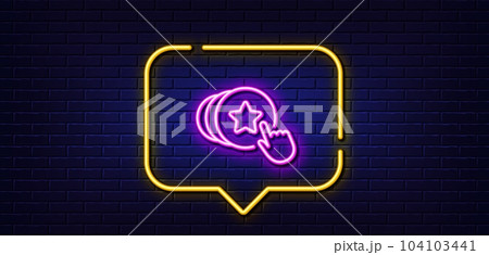 Neon light speech bubble. Hold heart line icon. Friends love sign. Brand ambassador hand symbol. Neon light background. Hold heart glow line. Brick wall banner. Vector 104103441