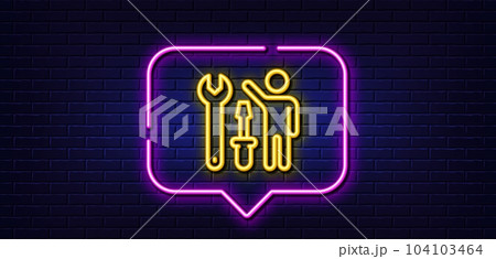 Neon light speech bubble. Spanner tool line icon. Repairman service sign. Fix instruments symbol. Neon light background. Repairman glow line. Brick wall banner. Vector 104103464