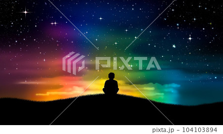 虹色の星空を眺める少年のシルエット「AI生成画像」 104103894
