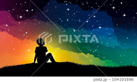 虹色の星空を眺める少年のシルエット「AI生成画像」 虹色の星空を眺める少年のシルエット「AI生成画像」 104103896