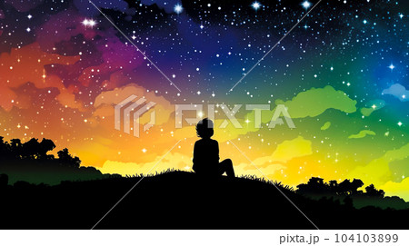 虹色の星空を眺める少年のシルエット「AI生成画像」 104103899