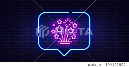 Neon light speech bubble. Fireworks stars line icon. Pyrotechnic salute sign. Carnival celebration lights symbol. Neon light background. Fireworks stars glow line. Brick wall banner. Vector 104103992