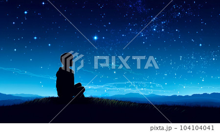 星空を眺める少年のシルエット「AI生成画像」 104104041